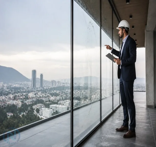 Especialista evaluando vidrio instalado en un proyecto de construcción