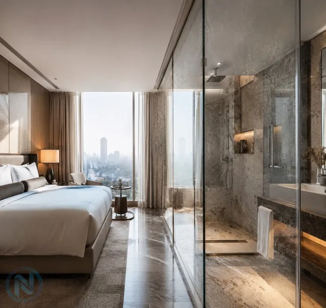 Habitación de hotel con ventanales y cancel de baño