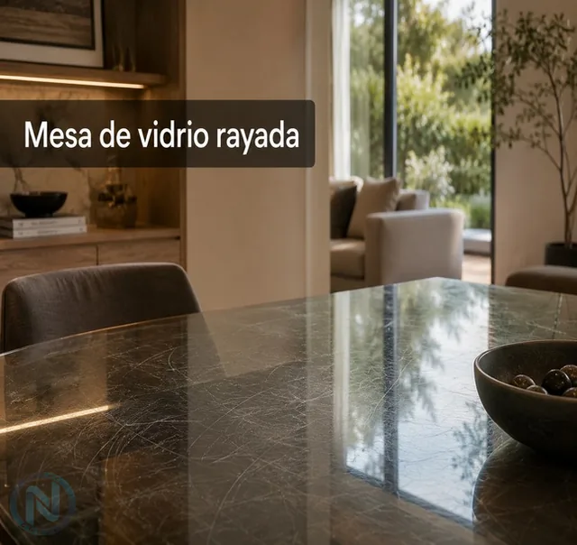Mesa de vidrio rayada en un entorno residencial